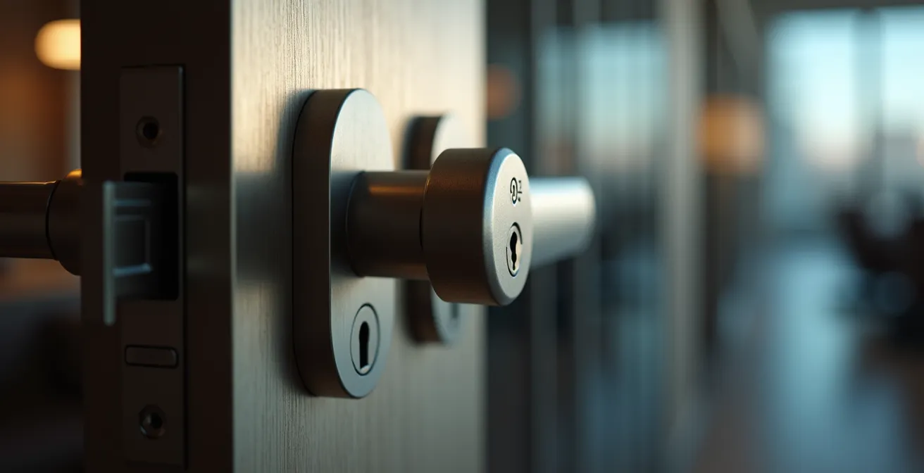 Détail macro d'une serrure de porte d'hôtel moderne avec carte magnétique, profondeur de champ réduite mettant en avant les mécanismes de sécurité