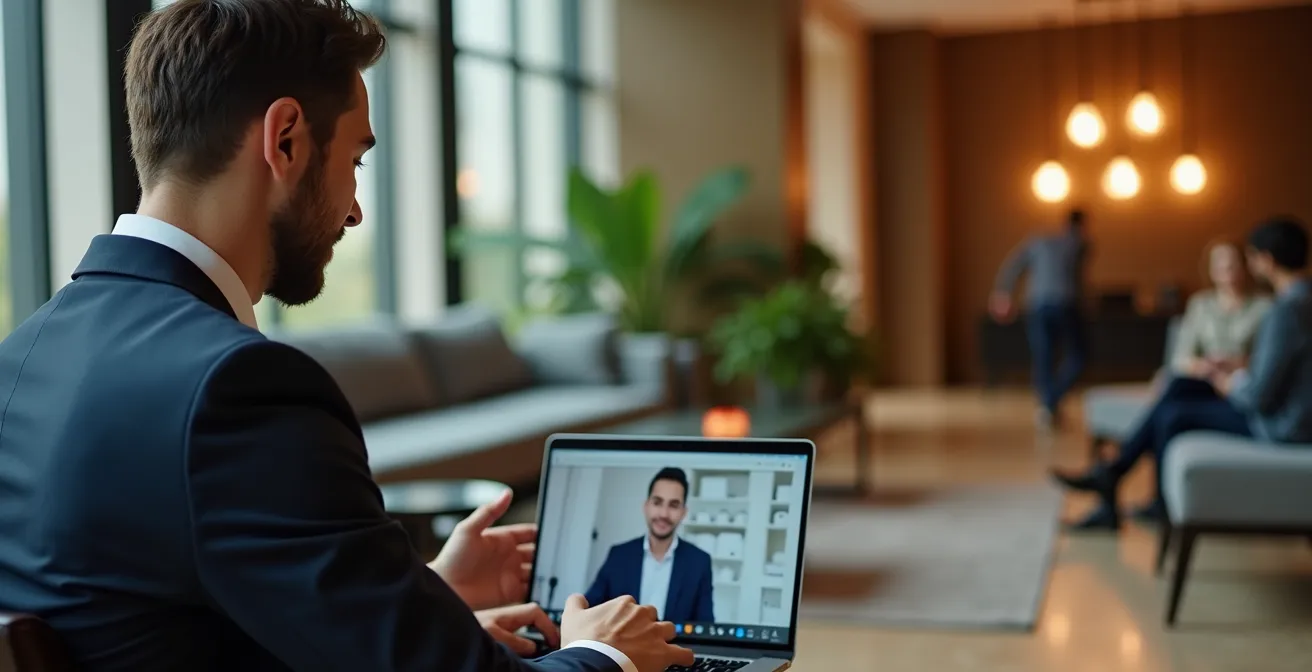 Lobby moderne d'hôtel d'affaires avec espaces de travail confortables et ambiance professionnelle