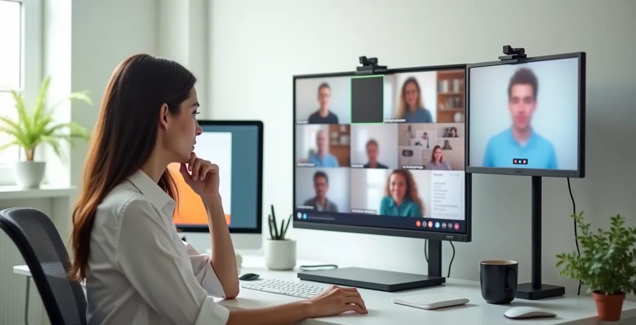 Manager en visioconférence observant attentivement plusieurs écrans montrant des collaborateurs à distance