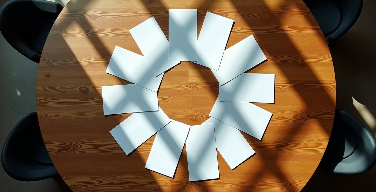 Vue en plongée d'une table de réunion avec documents de travail organisés par priorité