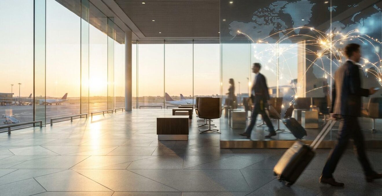 Hall d'aéroport moderne avec voyageurs d'affaires et vue sur une carte mondiale illuminée