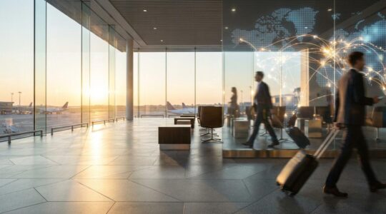 Hall d'aéroport moderne avec voyageurs d'affaires et vue sur une carte mondiale illuminée