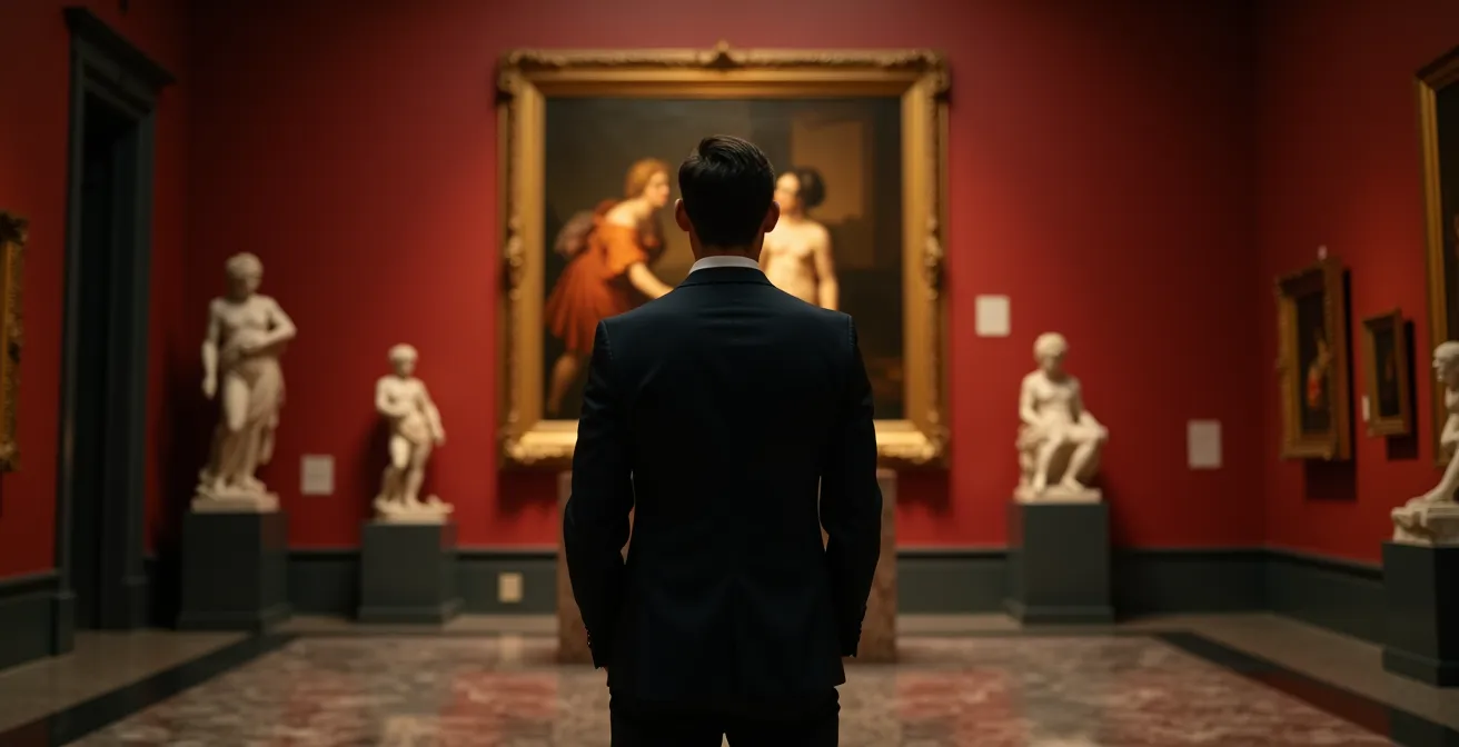 L'intérieur majestueux d'un musée éclairé en nocturne avec un visiteur solitaire contemplant une œuvre