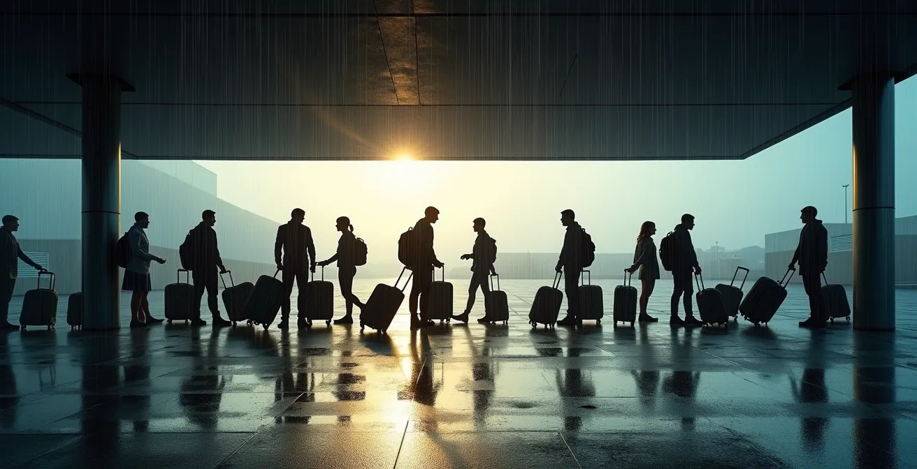 Groupe de passagers avec bagages attendant une navette sous la pluie
