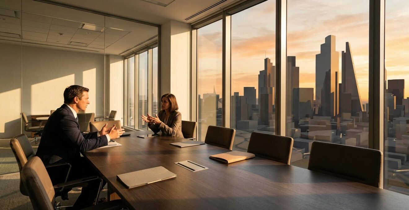 Négociation d'affaires dans un bureau prestigieux avec vue panoramique sur Londres ou New York