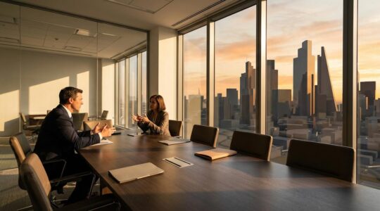 Négociation d'affaires dans un bureau prestigieux avec vue panoramique sur Londres ou New York