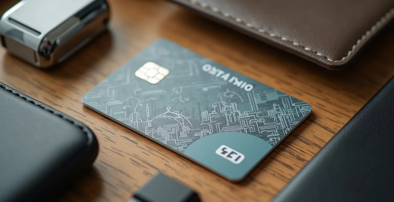 Vue macro d'objets de bureau organisés sur une surface en bois avec carte-clé d'hôtel isolée dans un étui protecteur