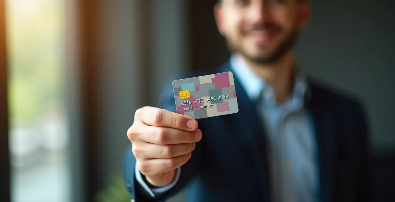 Main tenant une carte corporate avec interface de paramétrage floue en arrière-plan