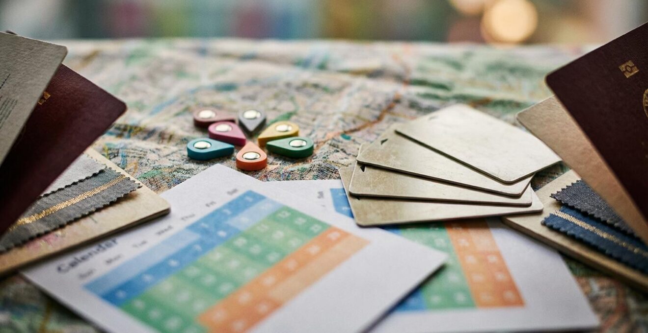 Vue macro de documents de planification avec calendriers et cartes pour organisation événementielle