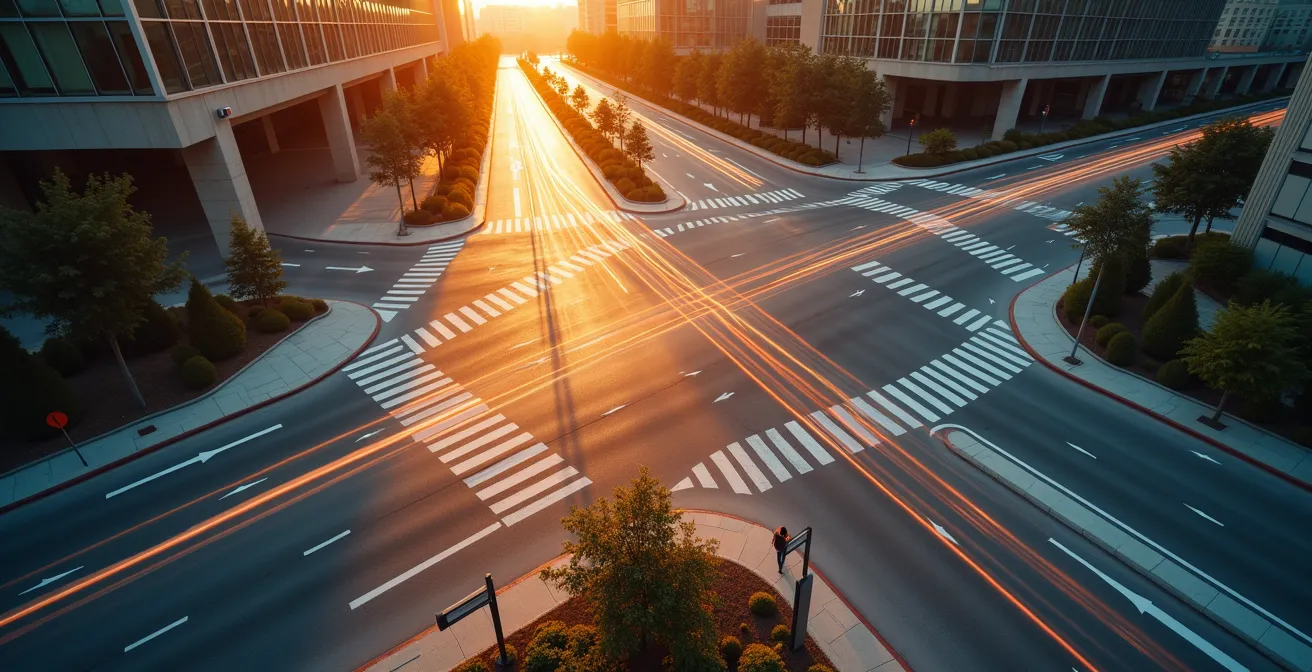 Vue aérienne minimaliste d'une ville avec tracés de trajets optimisés