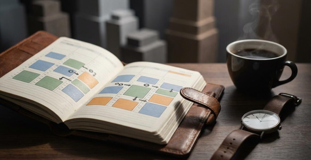 Vue en plongée d'un carnet de rendez-vous ouvert avec une carte stylisée de Manhattan en arrière-plan flou