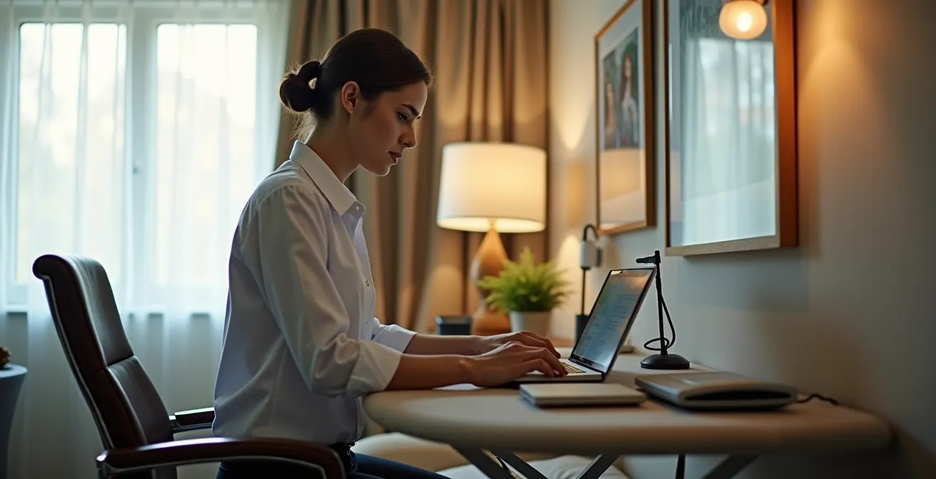 Personne travaillant debout devant une planche à repasser transformée en bureau dans une chambre d'hôtel