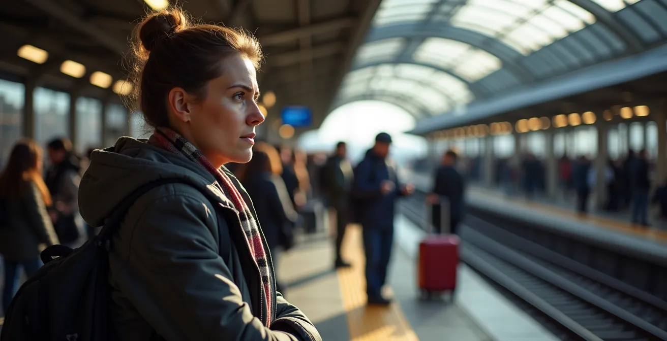 Voyageurs avec valises attendant sur un quai de RER bondé