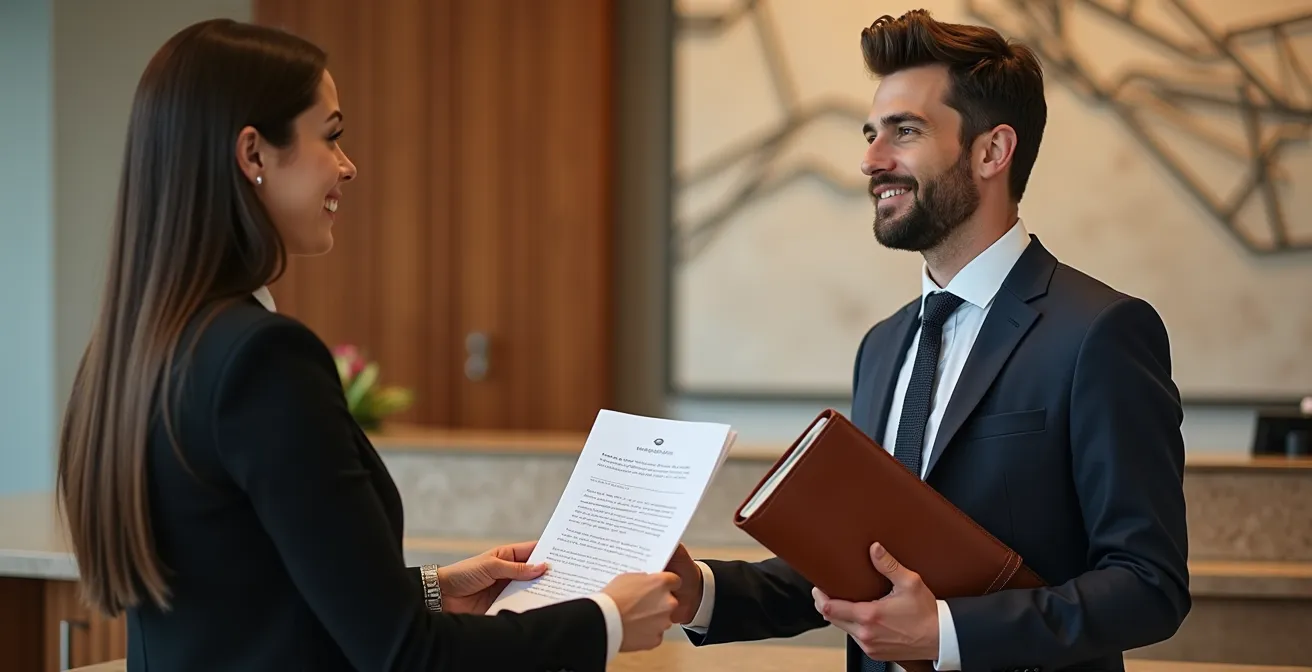 Réceptionniste d'hôtel présentant des documents à un voyageur d'affaires