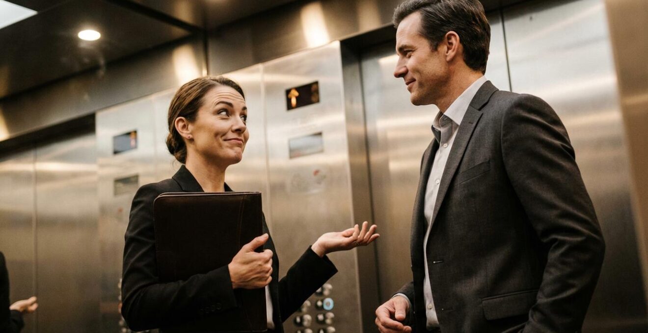 Moment de rencontre fortuite entre deux professionnels dans un ascenseur moderne