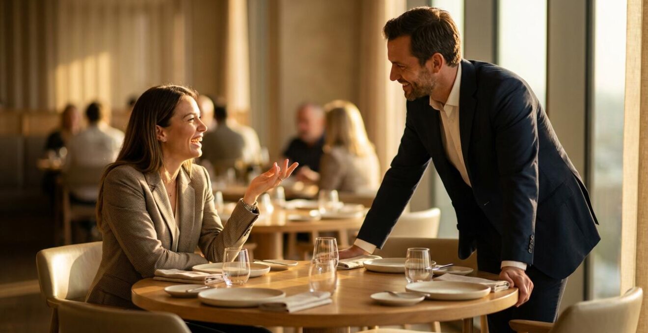 Deux professionnels discutant autour d'une table dans un restaurant élégant