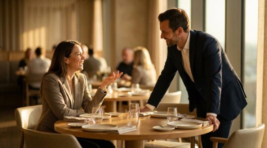 Deux professionnels discutant autour d'une table dans un restaurant élégant