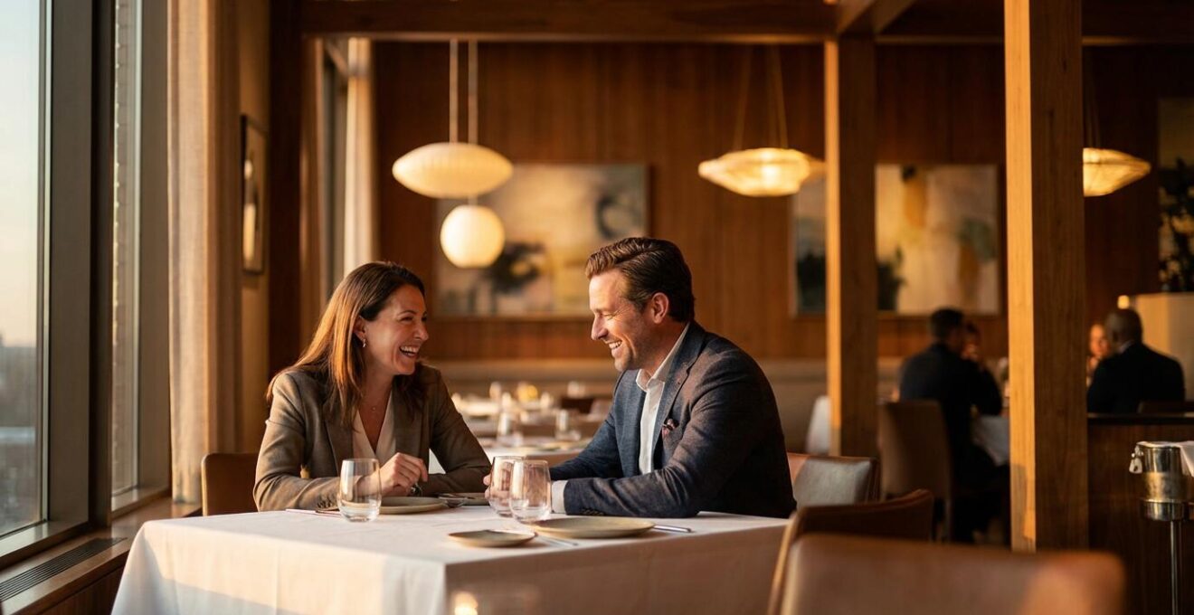 Intérieur élégant d'un restaurant d'affaires avec table dressée et éclairage tamisé