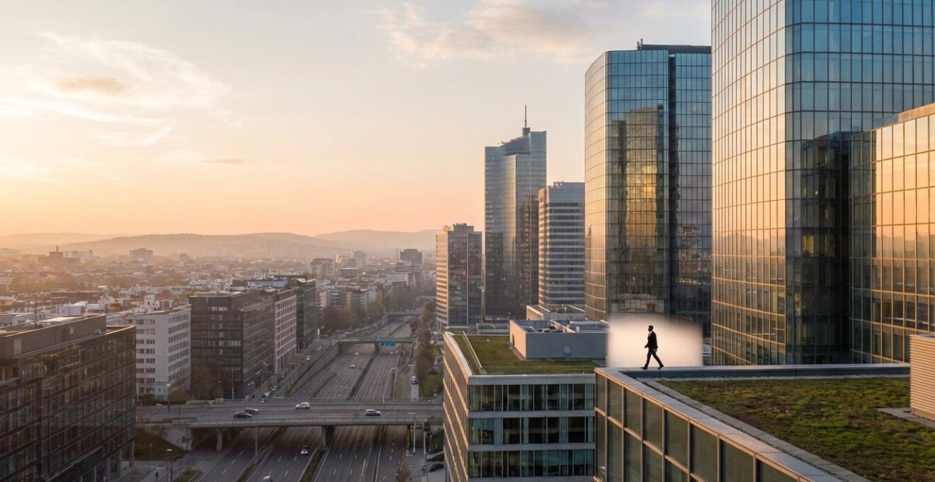 Vue aérienne d'un quartier d'affaires européen moderne avec gratte-ciels reflétant la lumière dorée du coucher de soleil