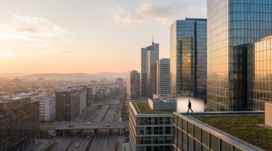 Vue aérienne d'un quartier d'affaires européen moderne avec gratte-ciels reflétant la lumière dorée du coucher de soleil
