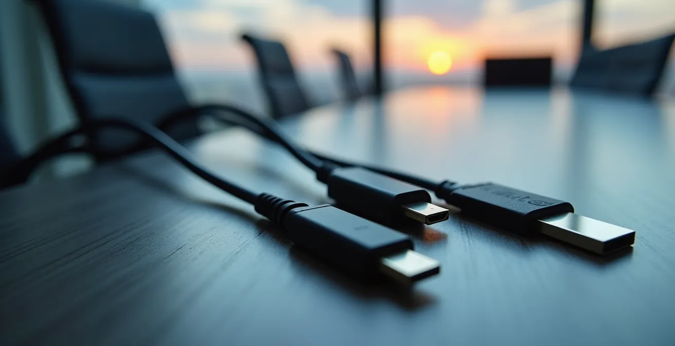 Salle de réunion moderne équipée avec projecteur et câbles de connexion visibles