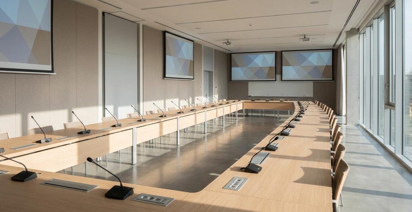 Salle de séminaire moderne avec équipement audiovisuel professionnel et disposition optimale pour présentation technique