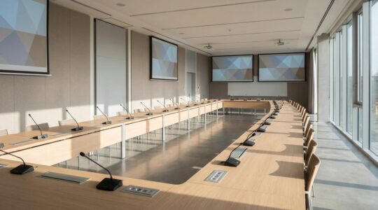 Salle de séminaire moderne avec équipement audiovisuel professionnel et disposition optimale pour présentation technique