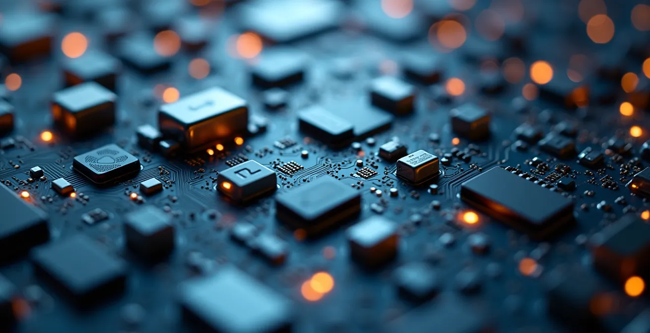 Perspective macro d'un détail technologique avec textures métalliques et circuits imprimés