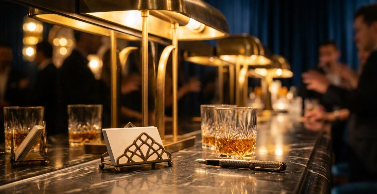 Ambiance feutrée d'un salon VIP dans un palace parisien lors d'un événement networking