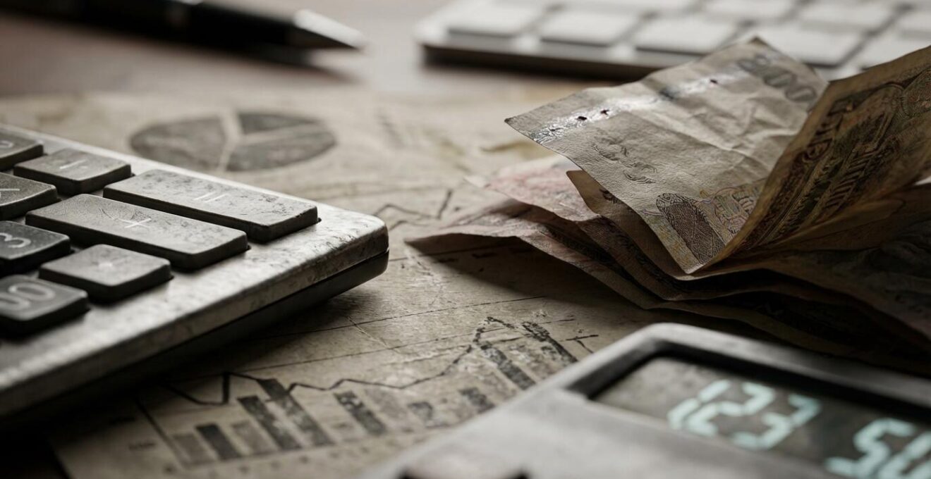 Vue macro de calculatrice et documents financiers avec graphiques de réduction des coûts