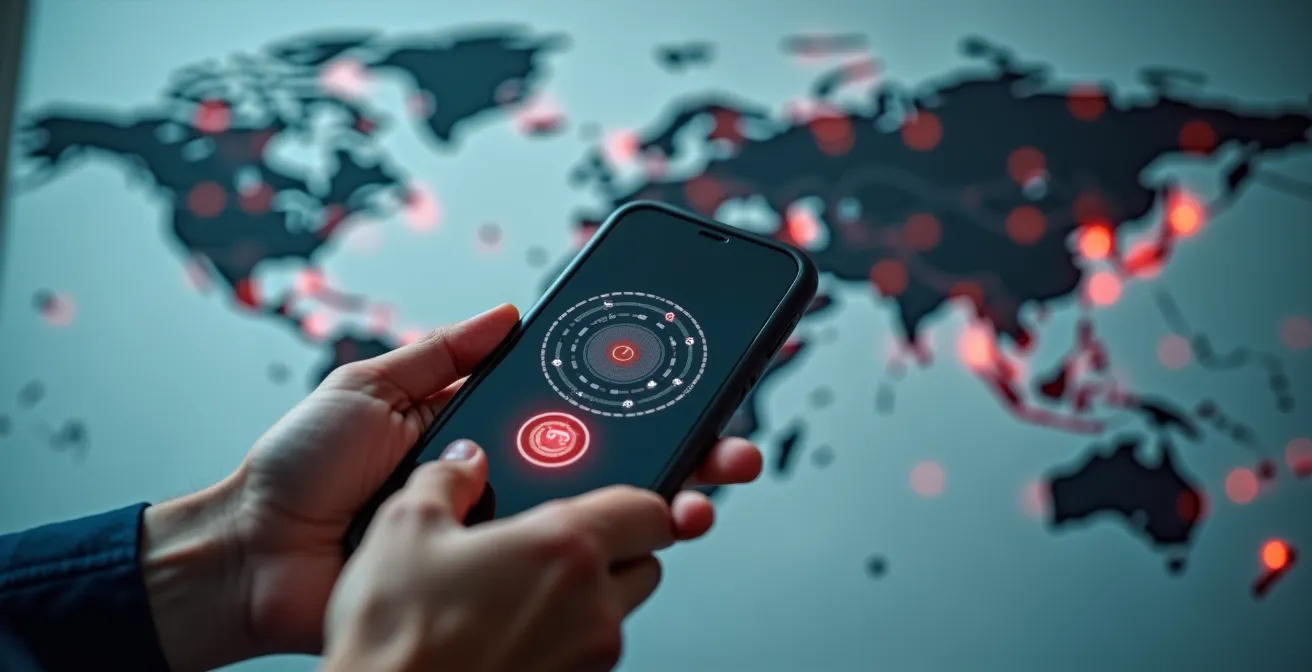 Carte mondiale avec zones de géolocalisation et dispositifs de sécurité mobile