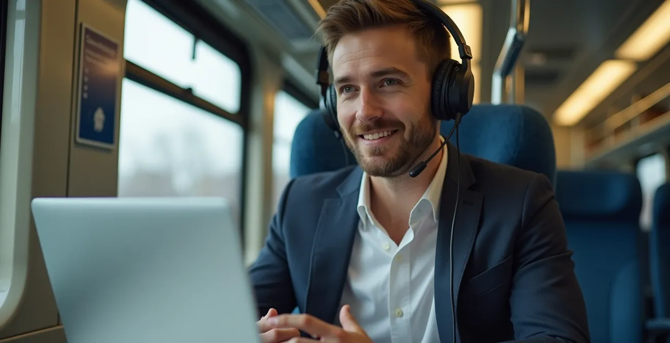 Personne en visioconférence dans un train, ordinateur portable posé sur tablette