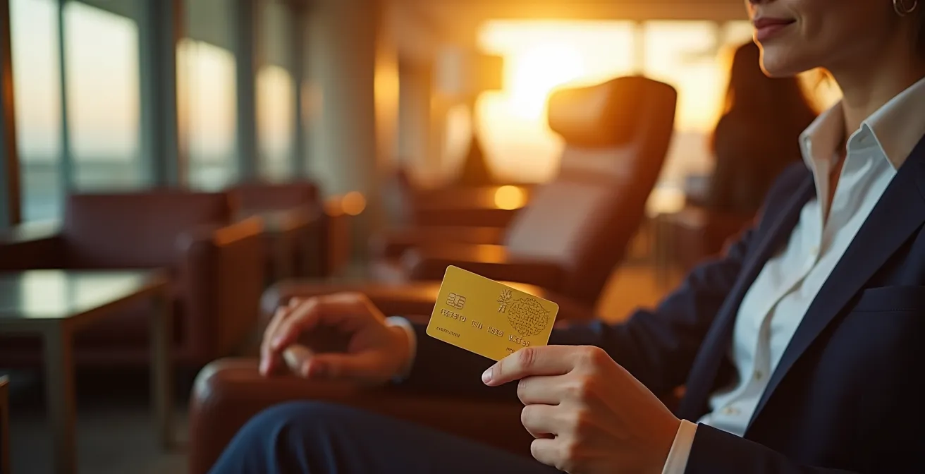 Voyageur d'affaires dans un salon d'aéroport premium avec carte de fidélité dorée