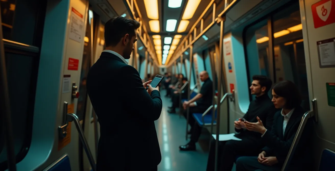 Intérieur d'un wagon de métro moderne la nuit avec passagers positionnés stratégiquement
